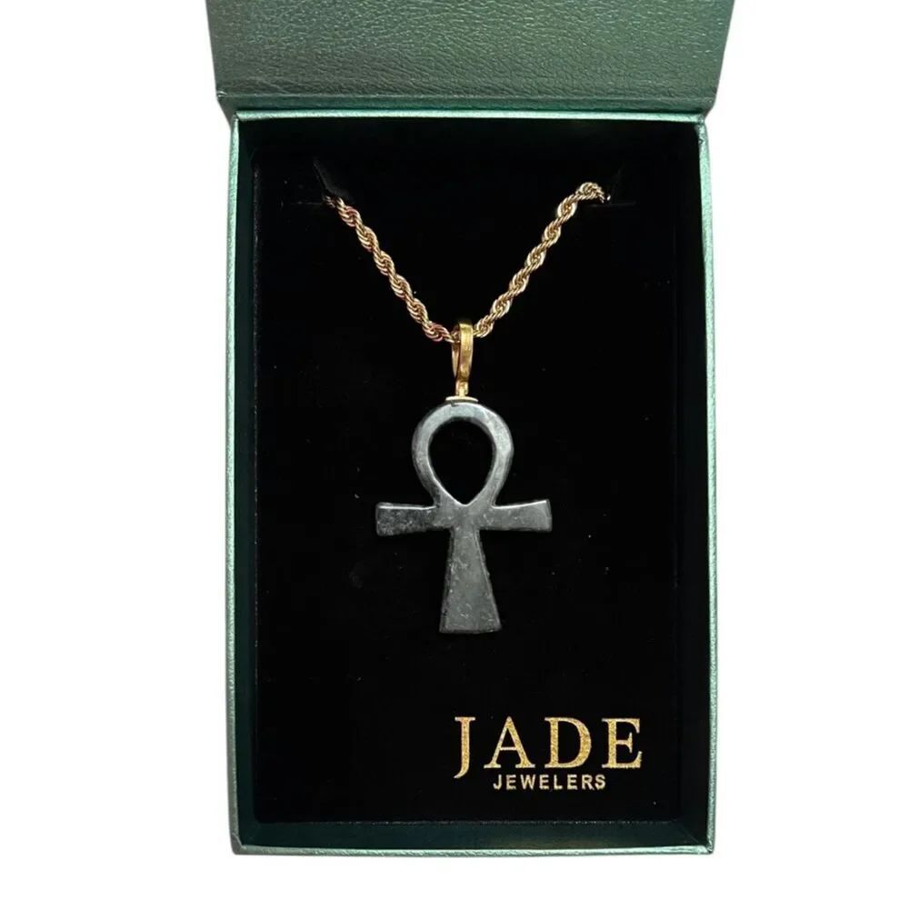 Wuji Black Jade Ankh Pendant Gold Tone Necklace